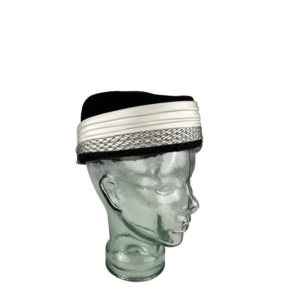 Vintage Pillbox Hat Satin Ribbon Black Ivory Rhinestone Accent Netting Wanamaker